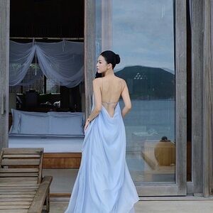 Elegant Blue Halter Maxi Dress 100% silk